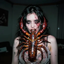 a woman half human half cockroach, she stares at the camera, gross, creepy, 3 5 mm flash photography, dark room