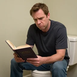 a picture of hank schrader with a confused expression sitting on a toilet, reading a book