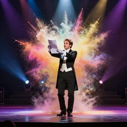 THE MAGIC TRICK! , Magician turns into paper on stage, explosion of colorful dust, cinematic lighting, stage lights illuminate,