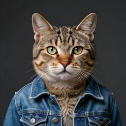 full head photo portrait of acute cat made of jeans jacket, medium shot, super realistic, crisp details, sharp, detailed, intricate, volumetric lights, cinematic, shit with hasselblad, octane render