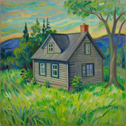 A painting of a beautiful cottage, with a lush grass lawn, featuring a tree in the style of Edvard munch