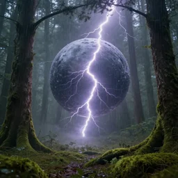 lightning in the shape of a ball floating through a mossy forest, fog, realistic, raining
