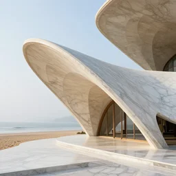 curved roof planes lift and descend creating shade and architectural expression, highly detailed, situated on a beach, marble, vivid color, high resolution photography, mist, luxury