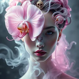 3 d head shot portrait of the face of a beautiful princess, giant orchid flower, giant gladiola, high contrast and sharpness, jellyfish face skull phoenix bird, translucent, nautilus, smoke and water energy flow. highly detailed, epic. octane render, excellent composition, by wlop, tooth wu, greg rutkowski, beeple