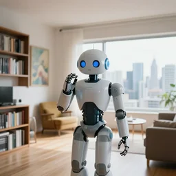 asimo the robot, holding a bong, interior of a bright apartment with bookshelves, paintings and windows overlooking the megapolis, nikon d 8 1 0 | iso 6 4 | focal length 2 0 mm ( voigtlander 2 0 mm f 3. 5 ) | aperture f / 9 | exposure time 1 / 4 0 sec ( dri )