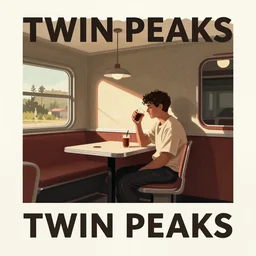 poster artwork by Michael Whelan and Tomer Hanuka, Karol Bak of Larry David sitting along in the diner, from scene from Twin Peaks, clean, simple illustration, nostalgic, domestic, full of details