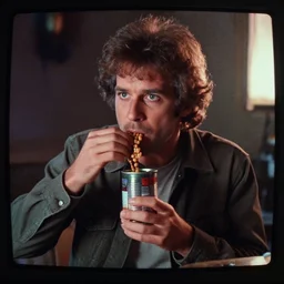 a scene from a 1 9 8 2 s halloween iii, vin diesl is eating from a can of beans, vhs distortion, cathode ray tube distortion, folk horror, hauntology, 8 k, 8 5 mm f 1. 8, studio lighting, rim light, right side key light
