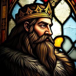 medieval stained glass window, detailed side - view portrait of a nordic king, long hair, full beard, golden headband, fur coat, masterful, backlit