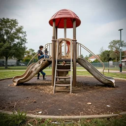a rotting playground greg rutkowski, zabrocki, karlkka, jayison devadas, trending on artstation, 8 k, ultra wide angle, zenith view, pincushion lens effect