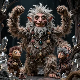 hyper realistic photography of hairy fluffy muppet show horror nightmare lovecraftian cultist elf goblin monster with long arms, human anatomy, real teeth, glass beads clay amulets, full body, cinematic symmetric dark _ crystal, brian froud, alan lee, jean baptiste monge, scott radke