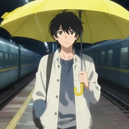 young adult, male, medium length black hair, brown eyes, pale skin, standing on a train platform, night, holding a yellow umbrella, anime style