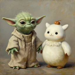 old oil painting of a yoda and cheburashka holding hands, trending on artstation