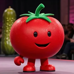 tom hanks as tomato hanks mascot, his skin is red with green hair representing the stem, pickle rick, dramatic lighting, london fashion week, bedazzled fruit costumes, shaded lighting poster by magali villeneuve, artgerm, jeremy lipkin and michael garmash, rob rey and kentaro miura style, trending on art station