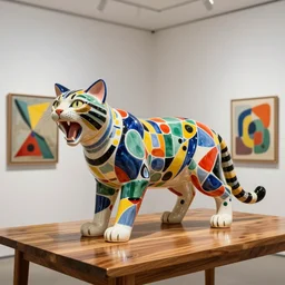 beautiful gallery show studio photograph of a giant realistic curvy ceramic sculpture of a hungry bobcat!!!!!, glazed by bridget riley and victor vasarely, placed on a polished wooden table, colorful hyperrealism 8 k trending on artstation