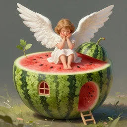 an angel living inside a giant watermelon, watermelon house, posing, highly detailed, digital painting, artstation, concept art, smooth, sharp focus, illustration, art by artgerm and greg rutkowski and alphonse mucha