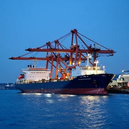 a photo of a port with ships taken with a blue hour lighting