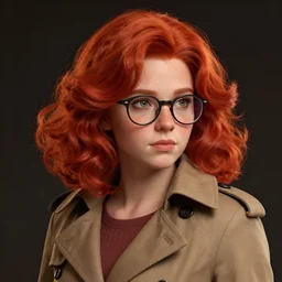 highly detailed, digital art, pixiv fanbox, trending on artstation, ray tracing, volumetric lighting, sharp focus, hq, fallout 4 sytle character, chubby redhead girl with one side soft curl hair, freckless and glasses, wearing a trench coat, by artgerm, wlop, greg rutkowski, miyazaki hayao