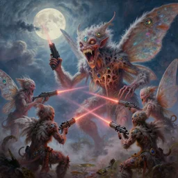 concept art of giant mutant fairy attack, lots of teeth, melting horror, fluffy feathers, round moon, rich clouds, fighting the horrors of the unknown with laser guns, high resolution, very detailed, colorful, roaring, volumetric light, mist, grim, fine art, decaying, textured oil over canvas, epic fantasy art, very colorful, ornate gems