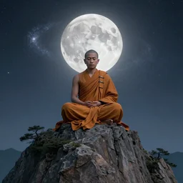 high definition render of a monk on top of a mountain, alex gray, full moon, galaxy, spritiual enlightenment, buddhism, 8 k, intricate, raytracing, cinematic