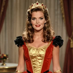 portrait of a beautiful Caroline Munro aged 25 as Princess Aura in Flash Gordon 1980, Red Gold and Black outfit, film still