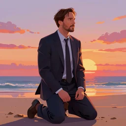 highly detailed full body portrait of keanu reeves in a suit kneeling on a beach, looking into the sunset, concept art by jama jurabaev cel shaded cinematic shot trending on artstation high quality brush stroke hyperspace vibrant