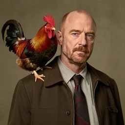 a professional photo of saul goodman ( bob odenkirk ) with a rooster on his shoulder, f / 1. 4, 9 0 mm