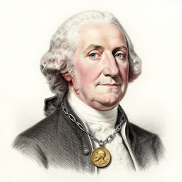a photorealistic colored pencil sketch of a happy George Washington wearing a chain around his neck with a small gold Doubloon coin as a necklace. This 4K HD image is Trending on Artstation, featured on Behance, well-rendered, extra crisp, features intricate detail and the style of Unreal Engine.