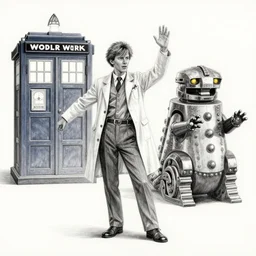 doctor who dancing with cybermen and daleks pencil sketch,