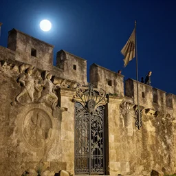 ancient roman city at night by michael whelan, andreas rocha and thomas kinkade, moonlight, complex stonework, ramparts, bulwarks, granite architecture, art nouveau ironwork and engraving, flag