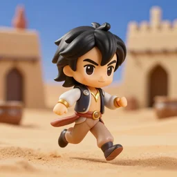 young aladdin as nendoroid running in desert village, 8 k hd dof, kodak film,