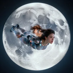 a 3 d render of a giant moon. there is a close up of a woman swimming in the sky. she is wearing sci - fi clothes. the woman has fine facial features. image by beeple and james jean, aya takano color style, 8 k, super detailed, modern, 4 k, symmetrical