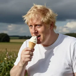 boris johnson grinning and eating an ice cream on a hot summer day, patriotic dramatic angle, studio photography