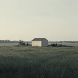 A serene landscape with a singular building in the style of Simon Stalenhag.