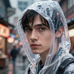 Kodak Portra 400, 8K, highly detailed, wachowski seinen manga 3/4 extreme closeup portrait, eye contact, focus on clear transparent raincoat replicant male model, tilt shift zaha hadid style anime background: famous blade runner anime remake, tokyo izakaya scene