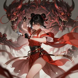 aesthetic anime Chinese girl fighting with demons