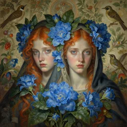 breathtaking detailed concept art painting portrait of two goddess of light blue flowers by hsiao - ron cheng, carroty hair, orthodox saint, with anxious piercing eyes and amalgamation of leaves and flowers, vintage illustration pattern background with bizarre compositions and blend of flowers, fruits, birds by beto val and john james audubon, exquisite detail, extremely moody lighting, 8 k