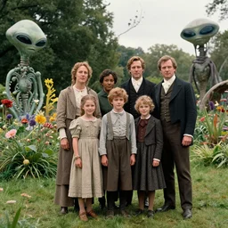 sharp, highly detailed, 36864k film, 175000mm film still from a sci fi blockbuster color movie made in 2019, set in 1860, of a family standing in a park, next to some strange alien plants and flowers, on an alien planet, the family are all wearing 1860s era clothes, good lighting, super enhanced faces, 700mm f/1.4L lens
