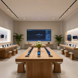 (2050s Microsoft sci-fi luxurious retail interior. Mobile phones. large oak tables, empty stools, fragrant plants, large digital screens) muted palette, architectural photography, wide shot, XF IQ4, 14mm, f/1.4, ISO 200, 1/160s, 8K, RAW, unedited, symmetrical balance
