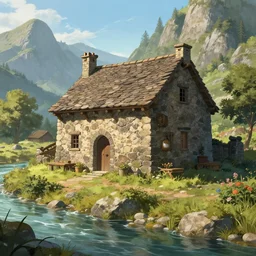 a medieval stone house in a mountain near a river, extremely highly detailed, high quality, 8k HDR, trending on Artstation, concept art, cinematic lighting, DeviantArt, cartoon, anime style