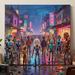 stylish caricature art of a bustling neon lit wet ajegunle slum in nigeria, robots, photographed by vivian maier, unreal engine 3 d vfx render, digital illustration by mike winkelmann, intricate detail, sharp, volumetric light, ray tracing, soft light, colourful, claymation, wide angle lens, acrylic on canvas, cinestill 8 0 0 t,