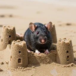 dslr photo still of a monstrous black mouse with red eyes peaking out of a sand castle on wet sand in a bright sunny day, 8 k, 8 5 mm