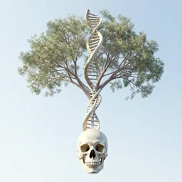 human dna is human skull! as rooted spiral tree!! reaching the sky, viewed from very low angle, fantasy. precisionism, coherent symmetry, intricate environment by elsie driggs, peter blume, greg rutkowski
