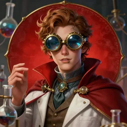 a ( man personified as a chemist ), beauty portrait, fantasy chemistry, steampunk goggles, red scard, cape, digital art by krenz cushart, laurie greasly, wlop, artgerm, intricate, highly detailed, sharp focus, smooth, epic composition, joyful, unreal engine