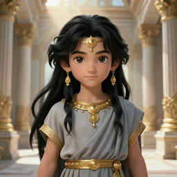 portrait, cute young zagreus, chtonic god, grey greek robe, long black hair, ancient greek palace, very detailed, ornate, gold jewelry, character illustration, crepuscular rays, soft lighting, octane render, greg rutkowski, alphonse mucha, sung choi, 8 k, vibrant