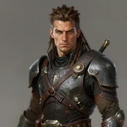 Portrait of a man by Greg Rutkowski, a young, strong and hard-eyed futuristic warrior with brown hair with dreadlocks, wearing a futuristic space tactical gear that looks like a mix between the samurai, viking and templar aesthetics, mix between tribal and hi-tech, highly detailed portrait, scifi, space opera, digital painting, artstation, concept art, smooth, sharp foccus ilustration, Artstation HQ