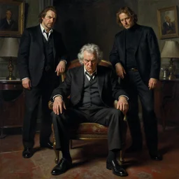 angry old man in chair inside a dark house, painting by boris vallejo and michael whelan