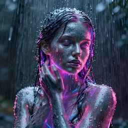 a human made out of rain, neon, rendered in octane, unreal engine, highly detailed, realistic, beautiful, emotional