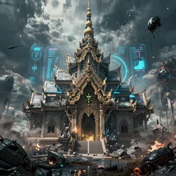 an beautiful render of an alien cyberpunk temple of wat rong khun, futuristic glowing interface, post apocalyptic nuclear war, concept art riot cinematic bio hazard by zdislaw beksinski and fvckrender and visualdon trending on cgsociety unreal engine 5