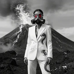 woman with white suit with a dragon, she wear red eyed gasmask, in volcano, standing close to volcano, fire raining, professional photography, black and white, cinematic, eerie