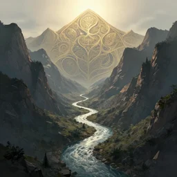 a mountain range with a river flowing through it by akihito tsukushi, backlight, rim lighting, deep focus, d & d, fantasy, intricate, elegant, highly detailed, digital painting, artstation, concept art, matte, centered, sharp focus, illustration, hearthstone, art by artgerm, greg rutkowski and alphonse mucha